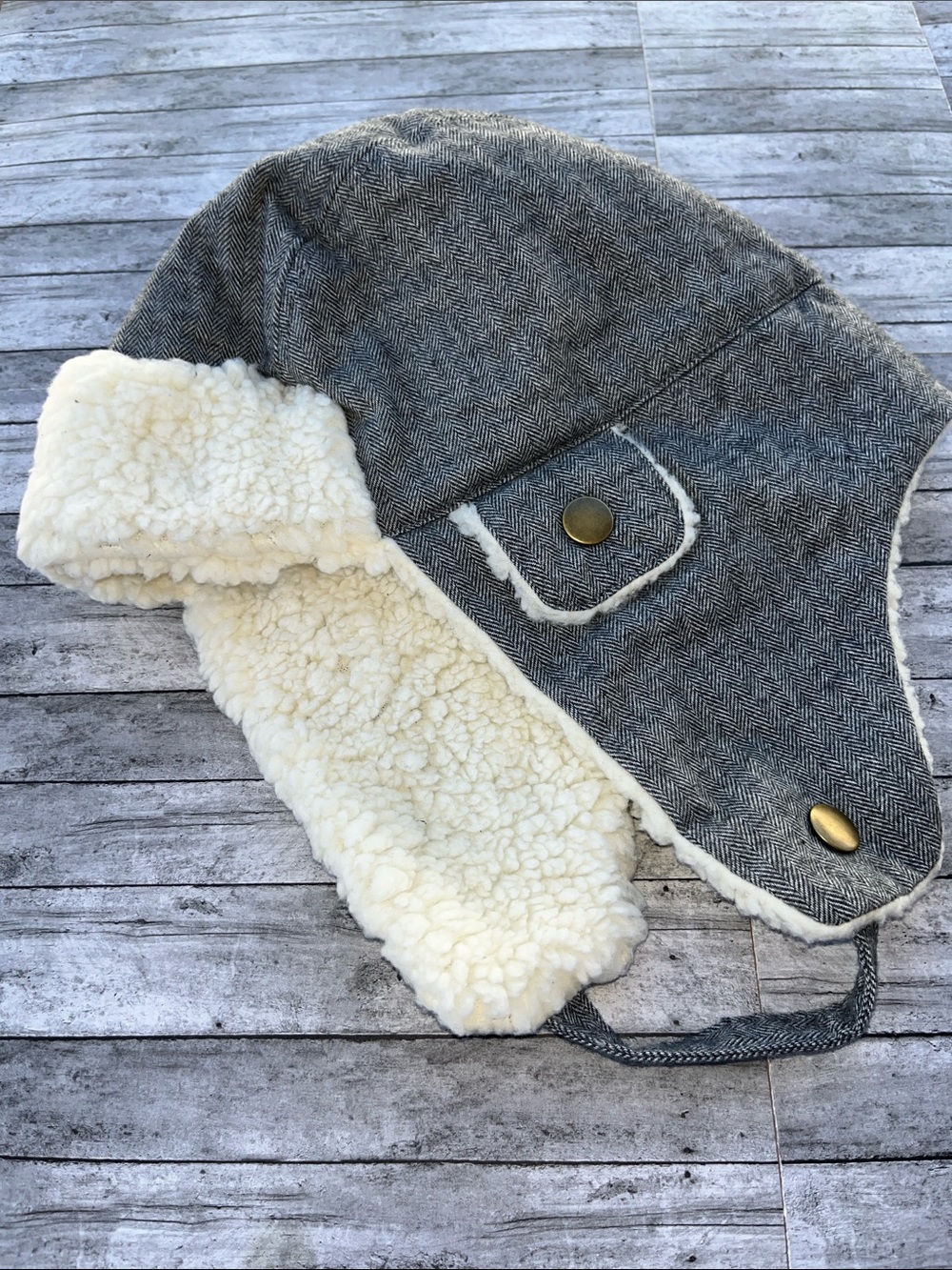 Janie and Jack Gray Herringbone Faux-Sherpa Trapper Hat